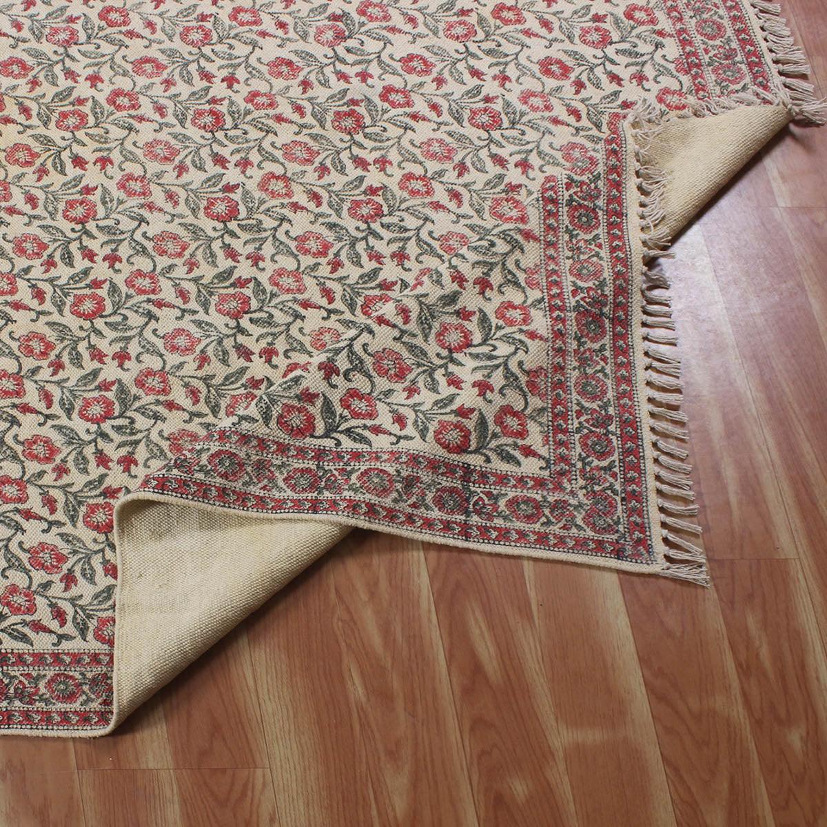 Red Beige Hand Block Print Work Floral Bedroom Decor Cotton Dhuree - Indian Rug Store