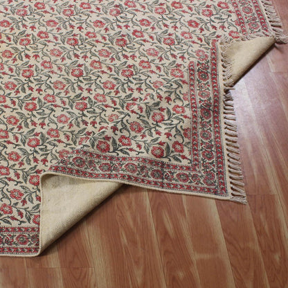 Red Beige Hand Block Print Work Floral Bedroom Decor Cotton Dhuree - Indian Rug Store