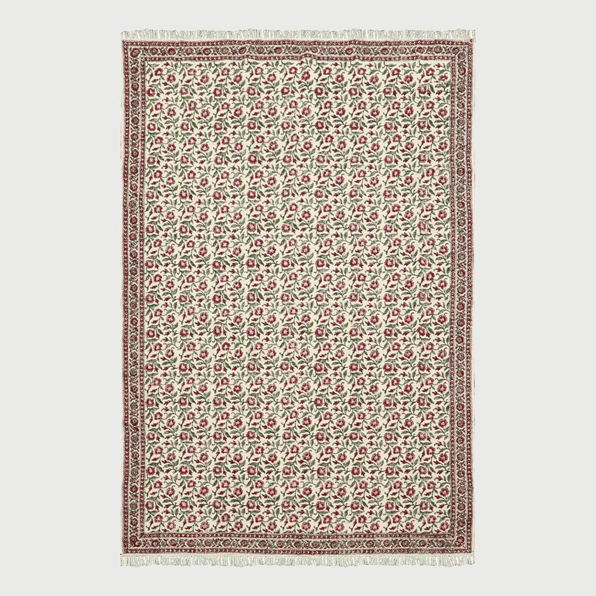 Beige Red Hand Block Print Work Floral Bedroom Decor Cotton Dhuree - Indian Rug Store