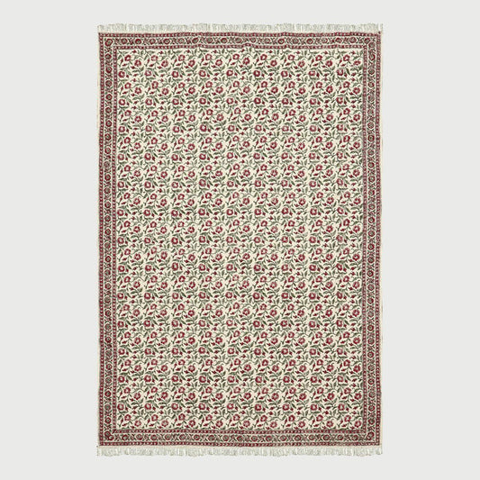 Beige Red Hand Block Print Work Floral Bedroom Decor Cotton Dhuree - Indian Rug Store