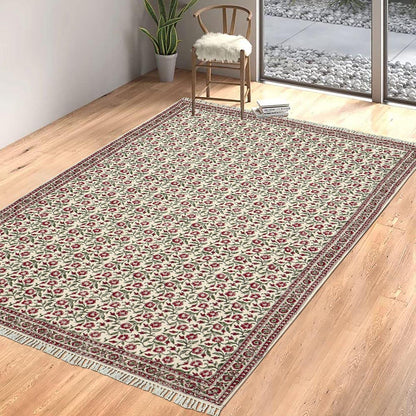 Beige Red Hand Block Print Work Floral Bedroom Decor Cotton Dhuree - Indian Rug Store