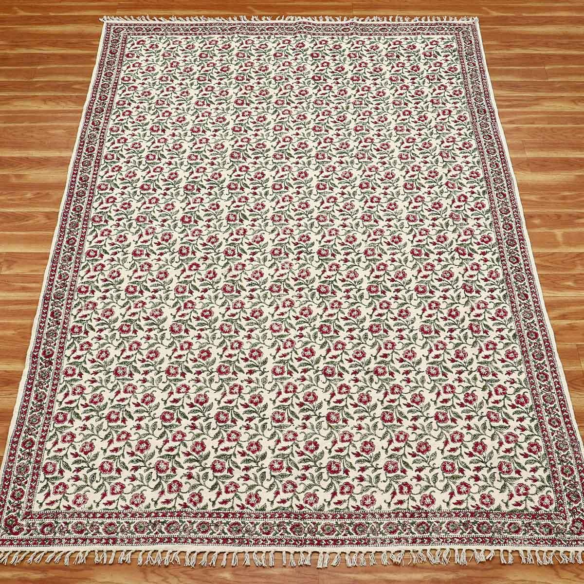 Beige Red Hand Block Print Work Floral Bedroom Decor Cotton Dhuree - Indian Rug Store