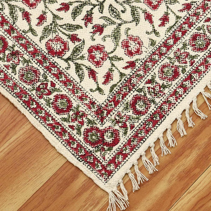 Beige Red Hand Block Print Work Floral Bedroom Decor Cotton Dhuree - Indian Rug Store