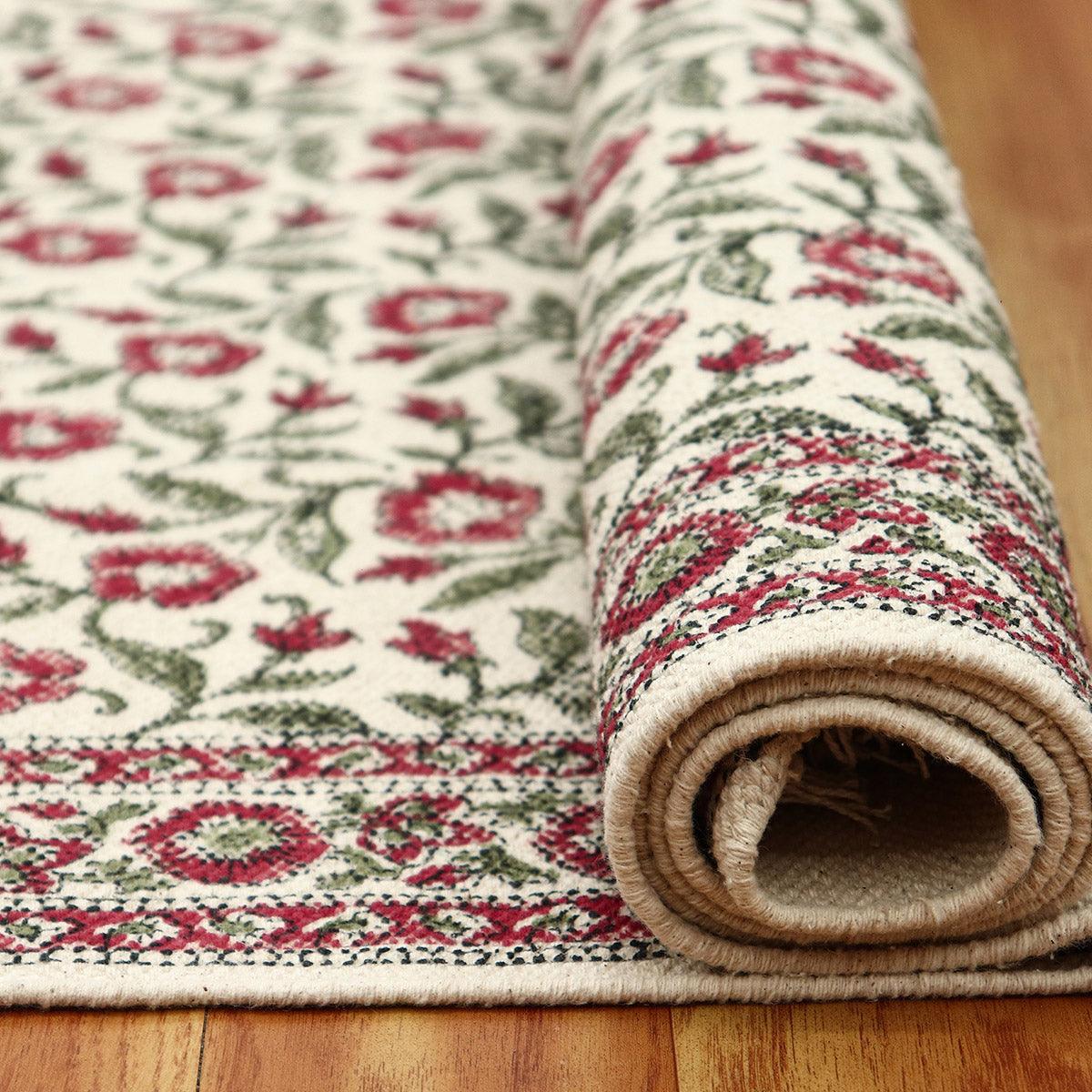 Beige Red Hand Block Print Work Floral Bedroom Decor Cotton Dhuree - Indian Rug Store