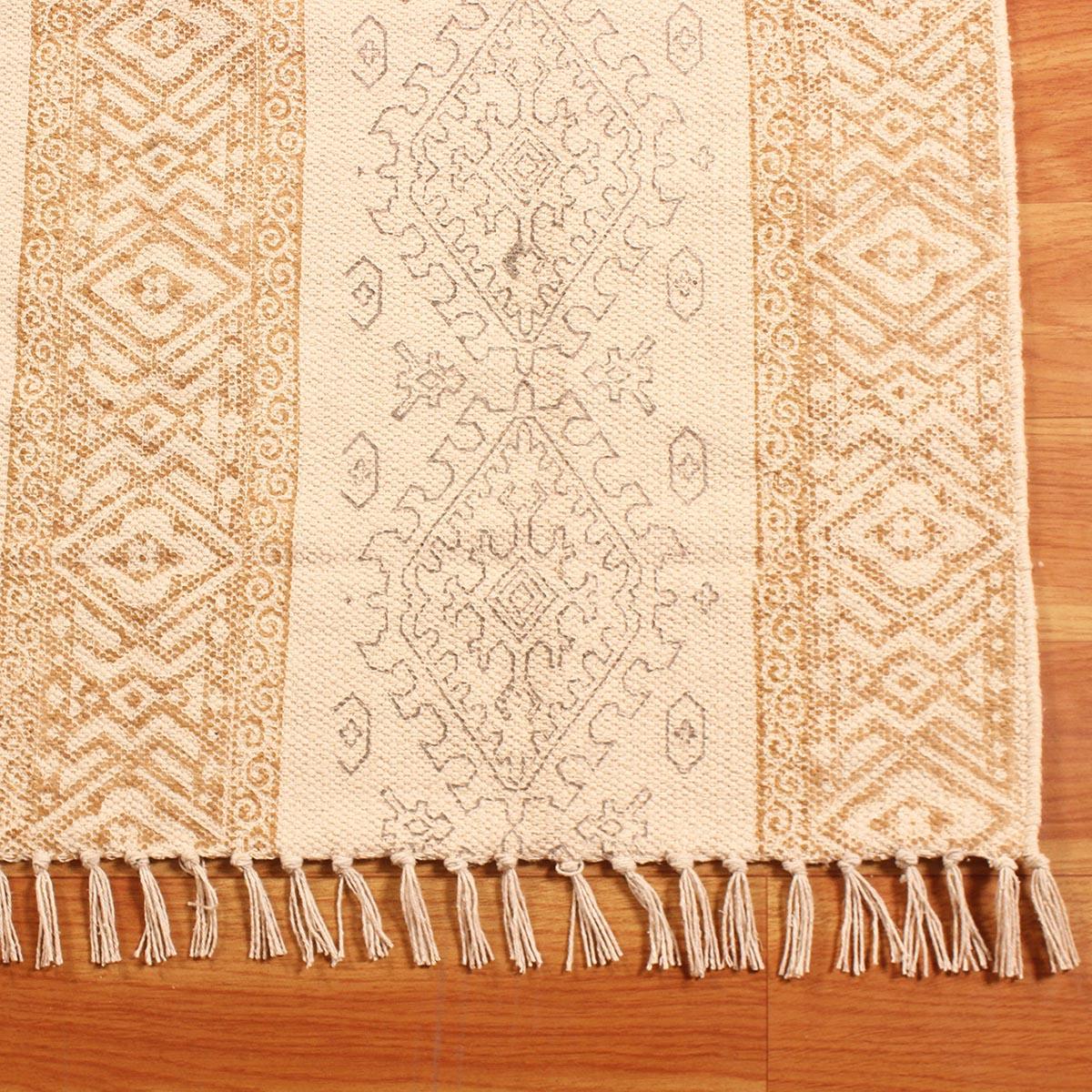 Brown Beige Hand Block Print Geometic Bedroom Decor Cotton Dhuree - Indian Rug Store