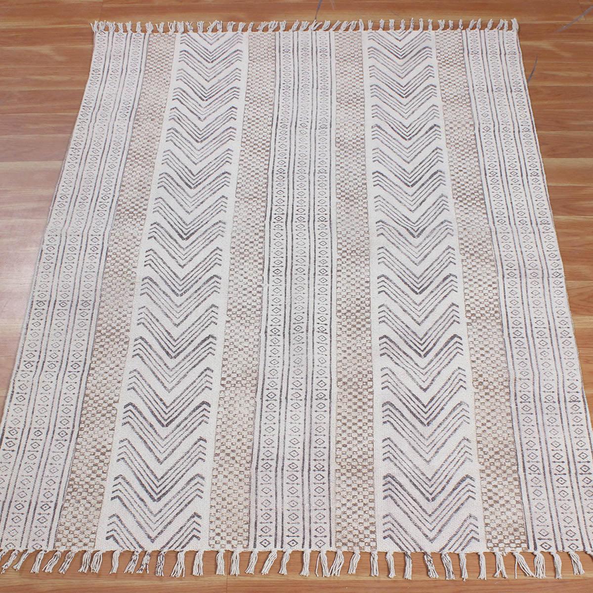 Brown Beige Hand Block Print Striped Bedroom Decor Cotton Dhuree - Indian Rug Store