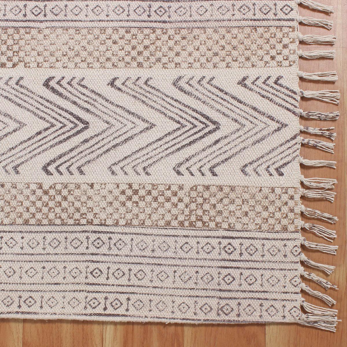 Brown Beige Hand Block Print Striped Bedroom Decor Cotton Dhuree - Indian Rug Store