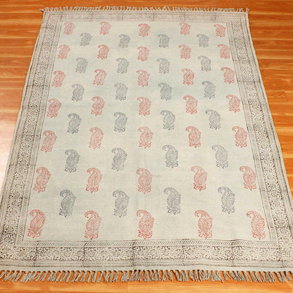 Red Blue Hand Block Print Bordered Bedroom Decor Cotton Dhuree - Indian Rug Store