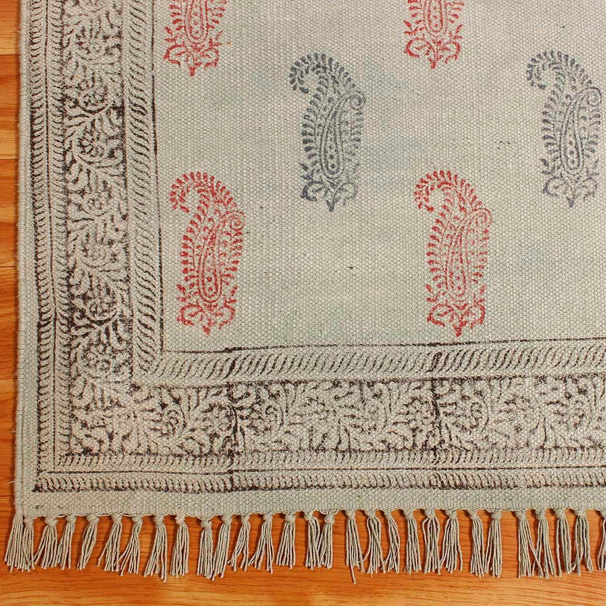 Red Blue Hand Block Print Bordered Bedroom Decor Cotton Dhuree - Indian Rug Store