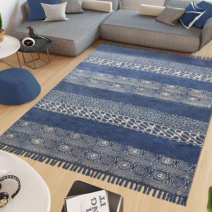 Blue Hand Block Print Geometric Bedroom Decor Cotton Dhuree - Indian Rug Store