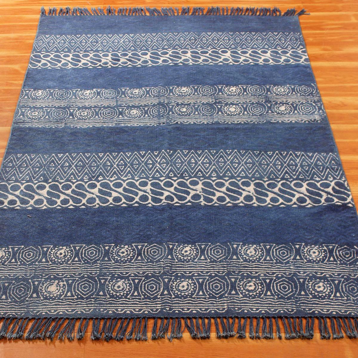 Blue Hand Block Print Geometric Bedroom Decor Cotton Dhuree - Indian Rug Store