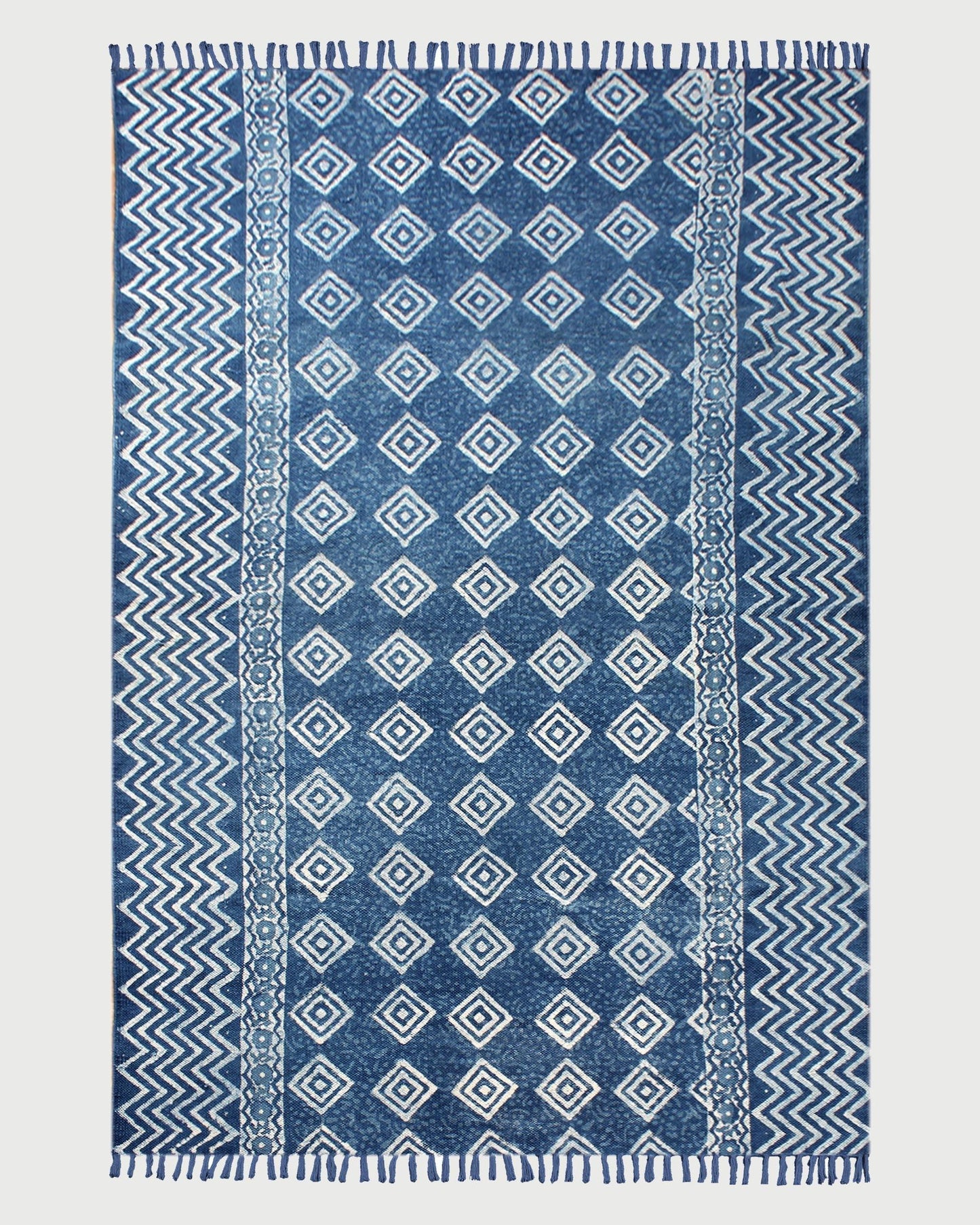 Alfombra de algodón con estampado de bloques a mano a rayas en azul y beige para decoración de entrada