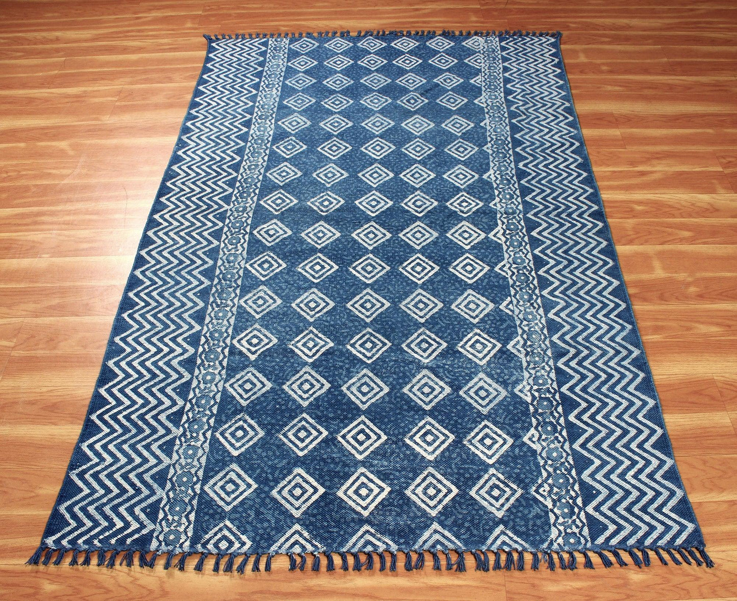 Striped Hand Block Print Blue Beige Stylish Entrance Decor Cotton Rug