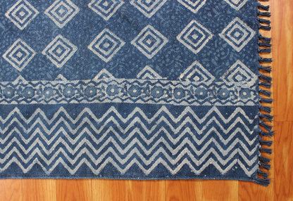 Striped Hand Block Print Blue Beige Stylish Entrance Decor Cotton Rug