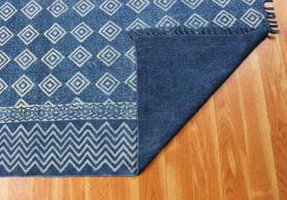 Striped Hand Block Print Blue Beige Stylish Entrance Decor Cotton Rug