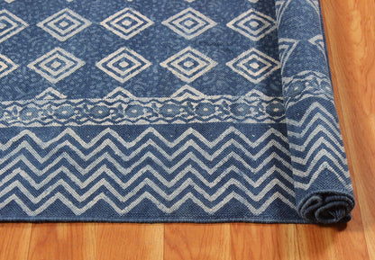 Striped Hand Block Print Blue Beige Stylish Entrance Decor Cotton Rug