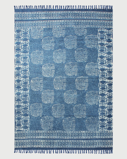 Geometric Hand Block Print Blue Beige Stylish Entrance Decor Cotton Rug