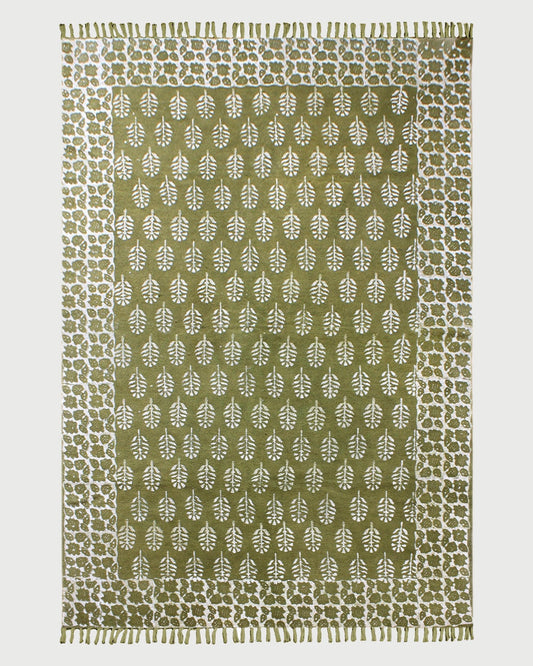 Oriantal Hand Block Print Green Beige Stylish Entrance Decor Cotton Rug