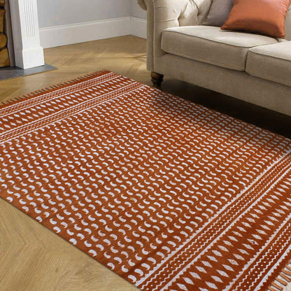 Geometric Hand Block Print Red Beige Stylish Entrance Decor Cotton Rug