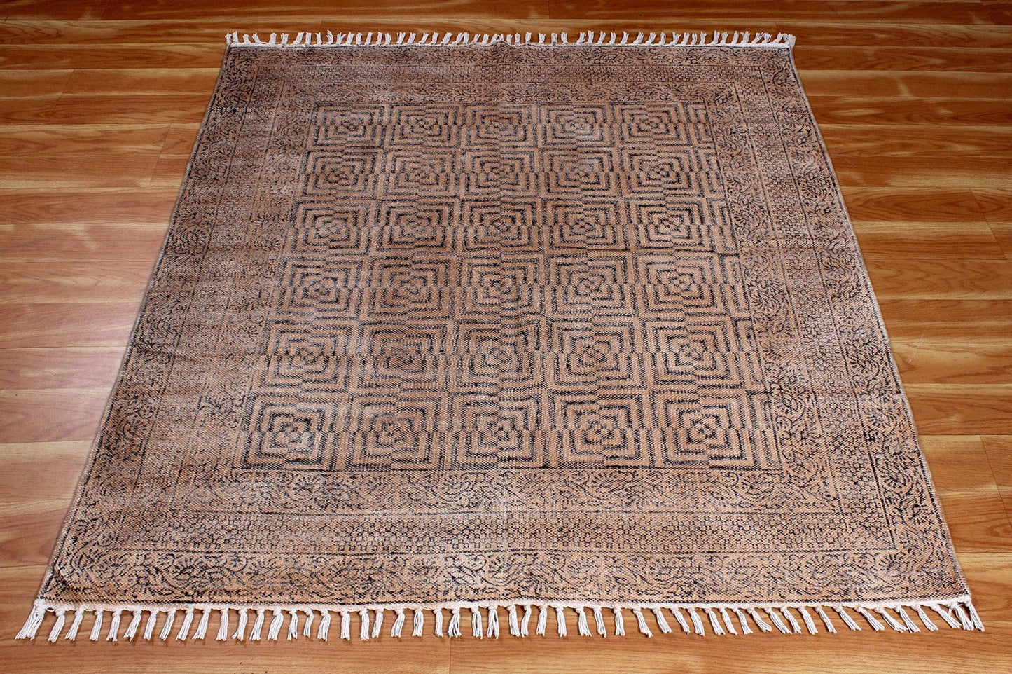 Abstract Hand Block Brown Black Stylish Outdoor Cotton Rug