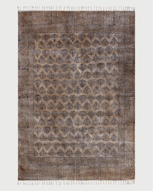 Hand Block Black Brown Stylish Outdoor Abstract Cotton Rug