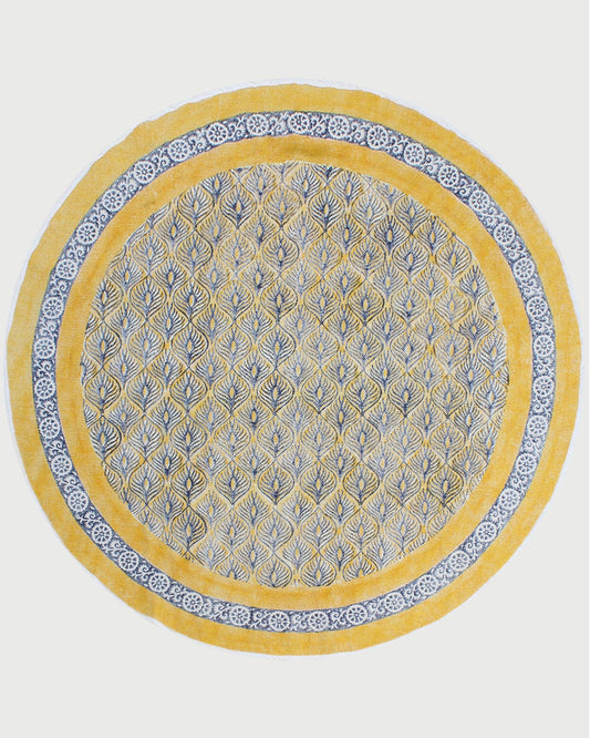 Tappeto rotondo in cotone a trama piatta con stampa a blocchi a mano, giallo e blu orientale