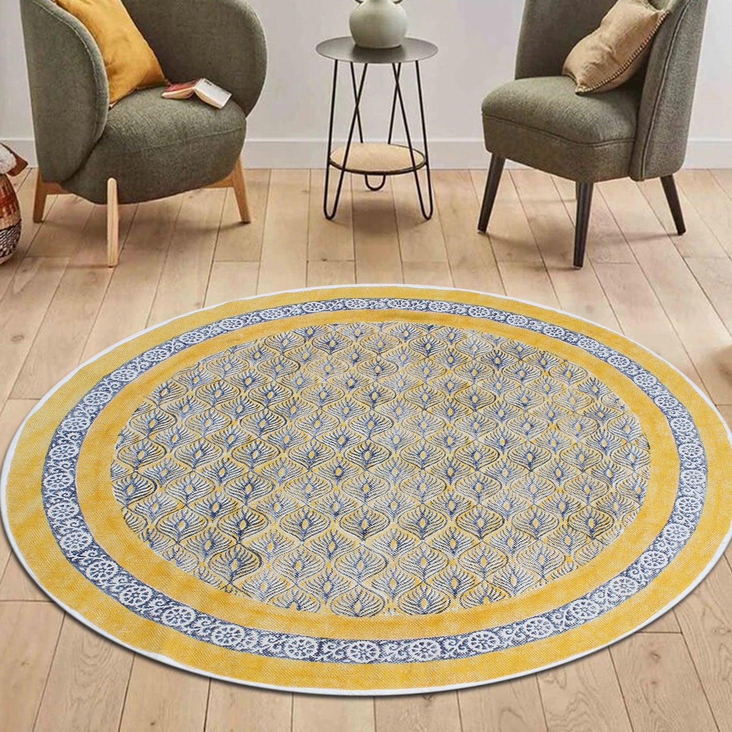 Hand Block Print Work Oriantal Yellow Blue Round Flatweave Cotton Rug