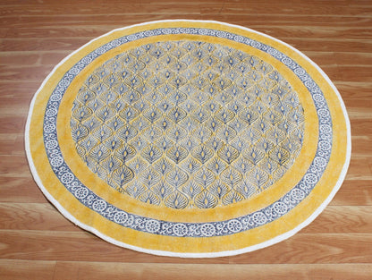 Hand Block Print Work Oriantal Yellow Blue Round Flatweave Cotton Rug