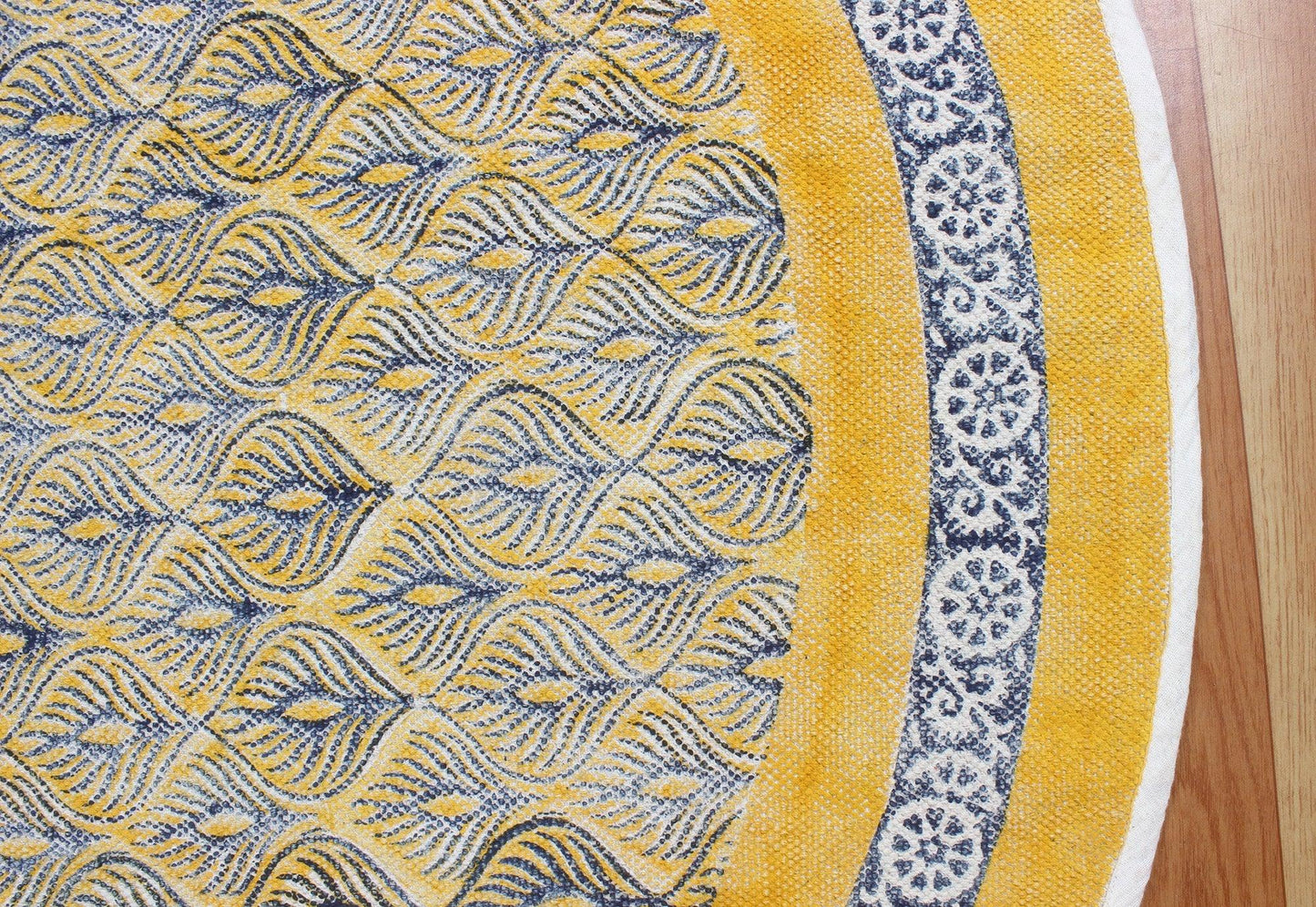 Hand Block Print Work Oriantal Yellow Blue Round Flatweave Cotton Rug