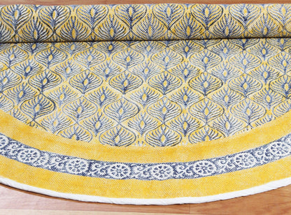 Hand Block Print Work Oriantal Yellow Blue Round Flatweave Cotton Rug