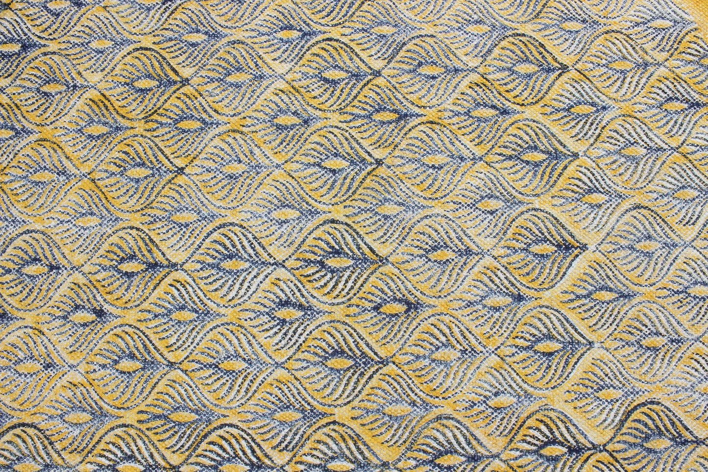 Hand Block Print Work Oriantal Yellow Blue Round Flatweave Cotton Rug