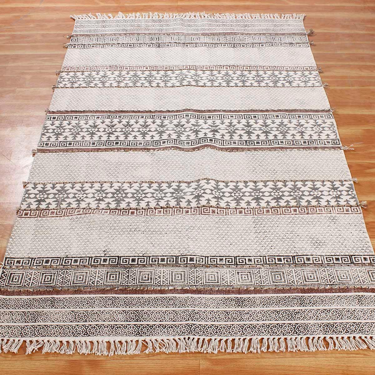 Geometric Thread Work Gray Black Interior Decor Cotton Rug - Indian Rug Store