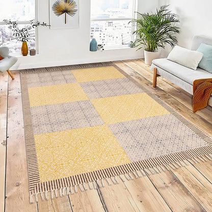 Geometric Hand Block Print Work Blue Yellow Dining Hall Cotton Rug - Indian Rug Store