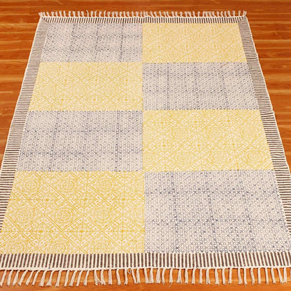 Geometric Hand Block Print Work Blue Yellow Dining Hall Cotton Rug - Indian Rug Store