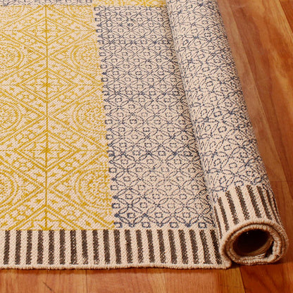 Geometric Hand Block Print Work Blue Yellow Dining Hall Cotton Rug - Indian Rug Store