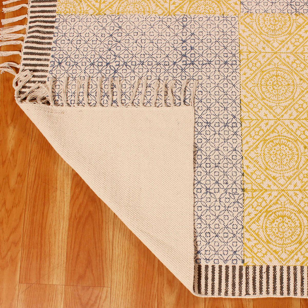 Geometric Hand Block Print Work Blue Yellow Dining Hall Cotton Rug - Indian Rug Store