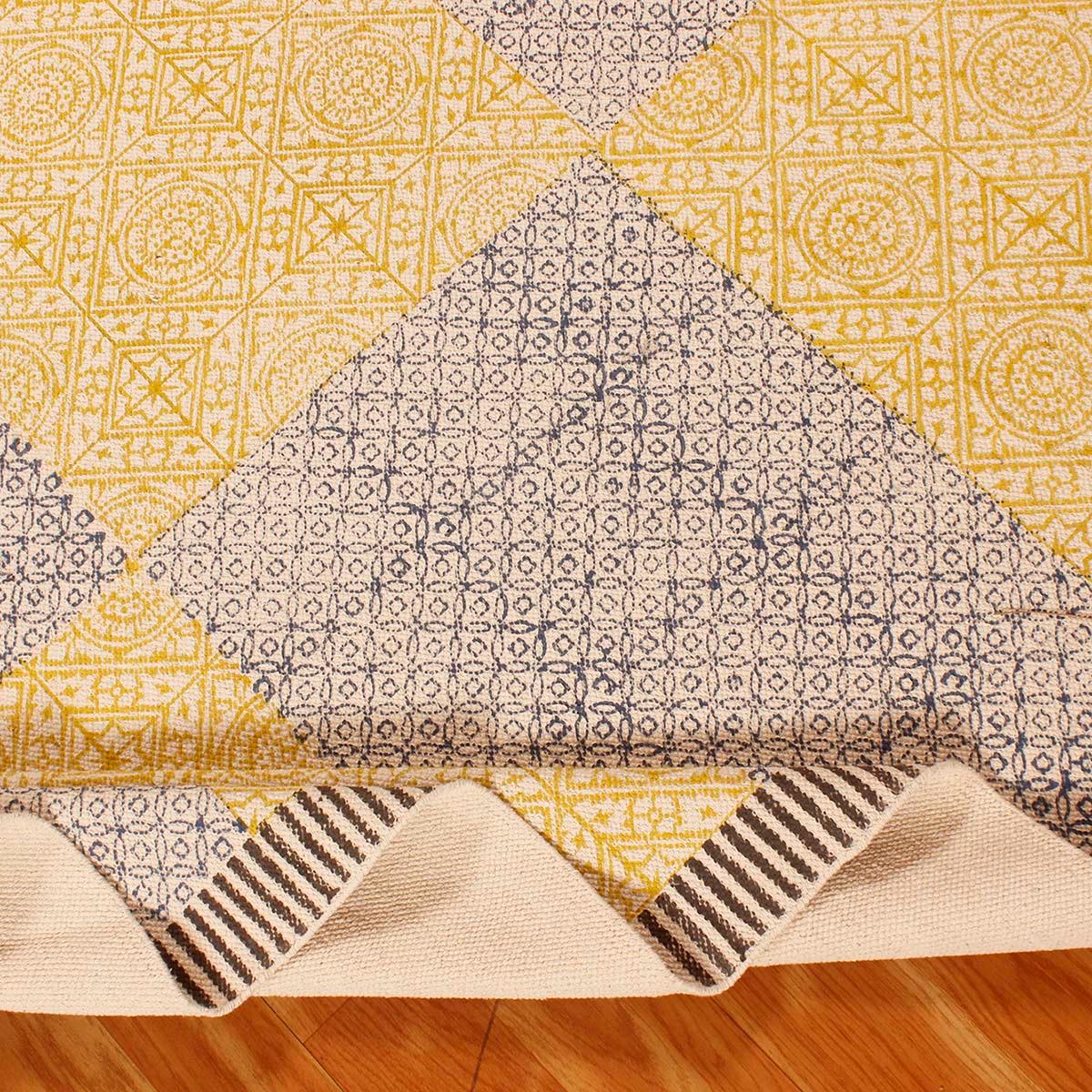 Geometric Hand Block Print Work Blue Yellow Dining Hall Cotton Rug - Indian Rug Store