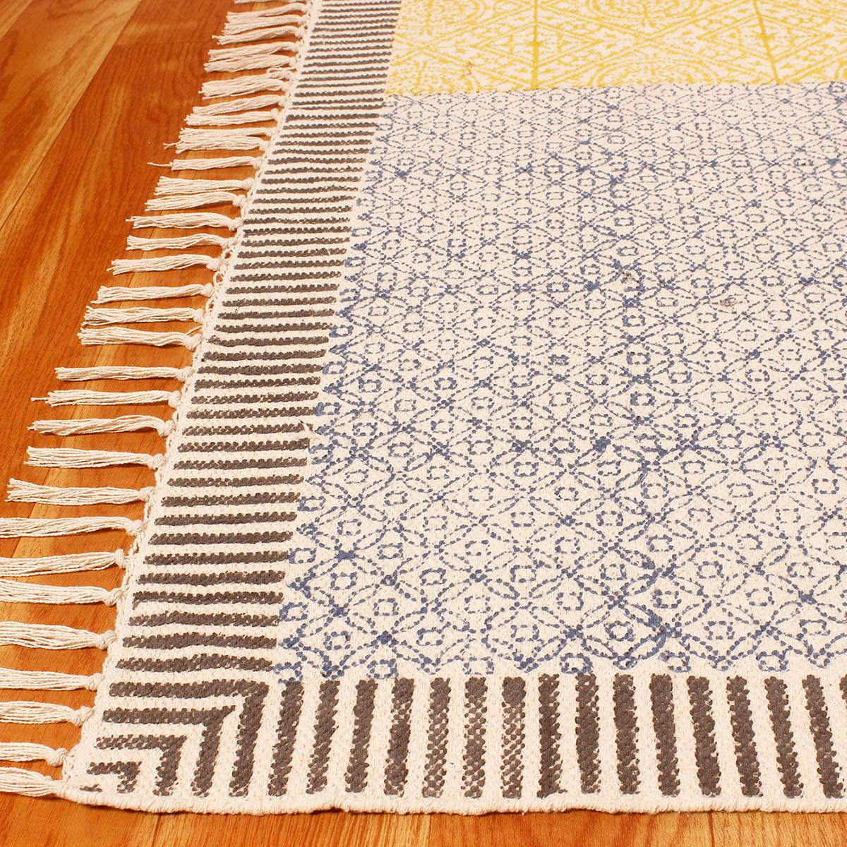 Geometric Hand Block Print Work Blue Yellow Dining Hall Cotton Rug - Indian Rug Store