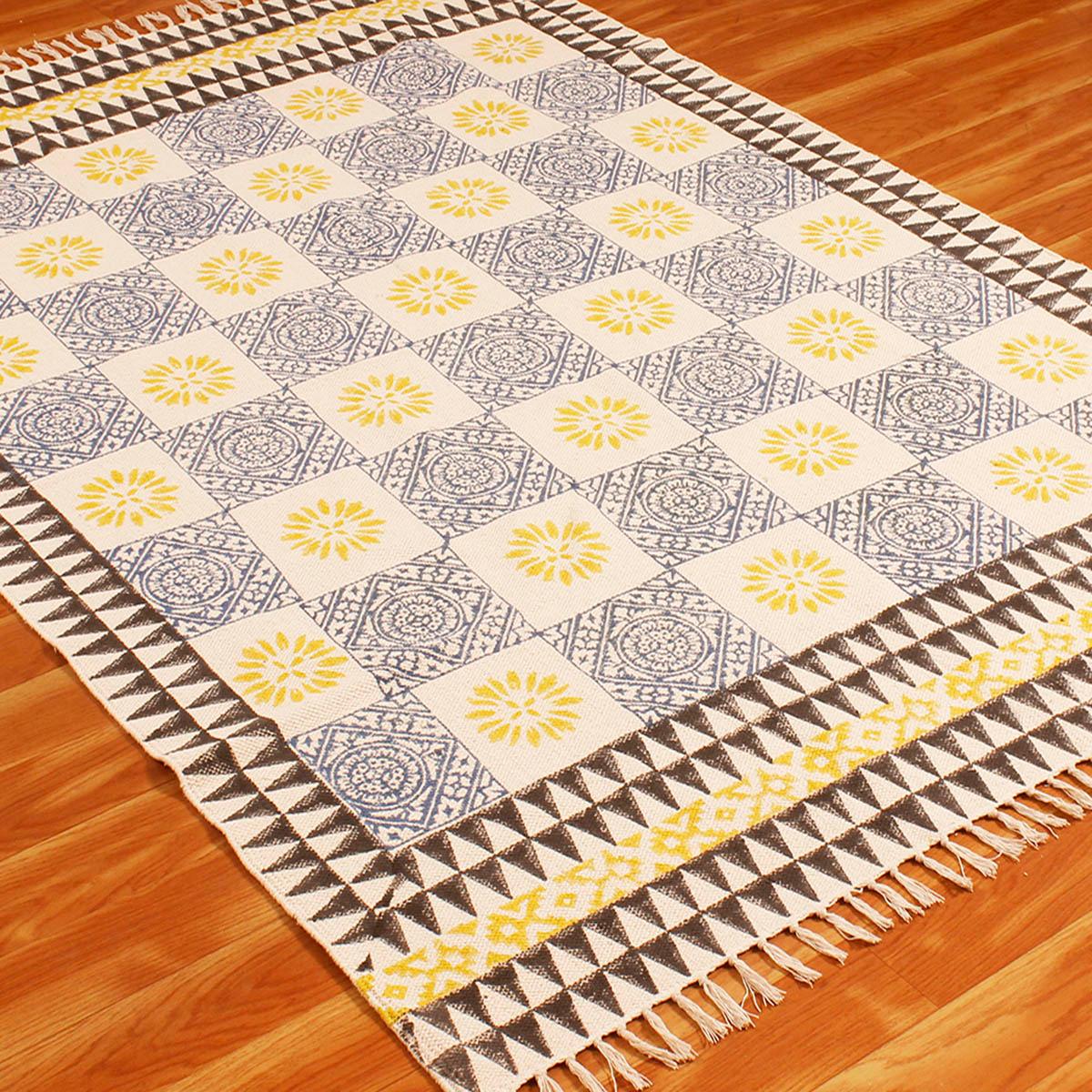 Check Hand Block Print Work Blue Yellow Dining Hall Cotton Rug - Indian Rug Store