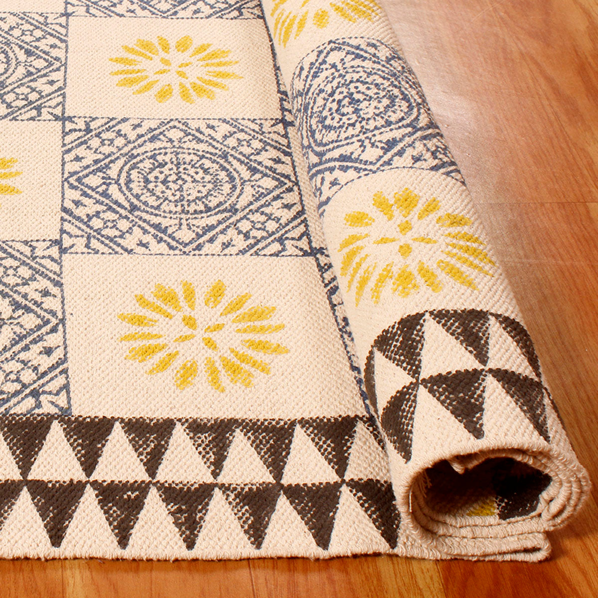 Check Hand Block Print Work Blue Yellow Dining Hall Cotton Rug - Indian Rug Store