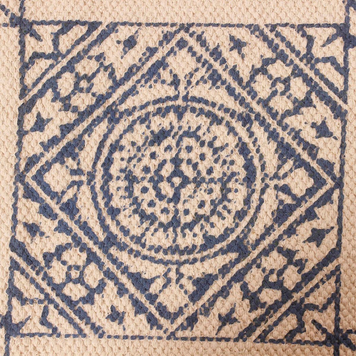 Check Hand Block Print Work Blue Yellow Dining Hall Cotton Rug - Indian Rug Store