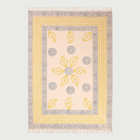 Rectangle Geometric Hand Block Print Work Blue Yellow Dining Hall Cotton Rug - Indian Rug Store