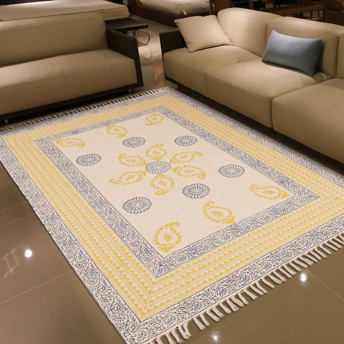 Rectangle Geometric Hand Block Print Work Blue Yellow Dining Hall Cotton Rug - Indian Rug Store