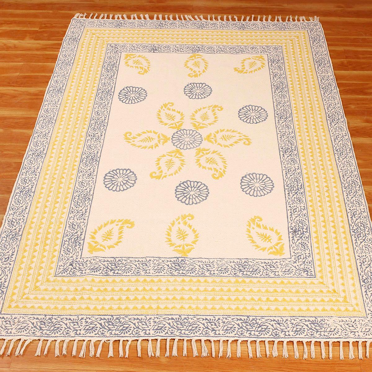 Geometric Hand Block Print Work Blue Yellow Dining Hall Cotton Rug - Indian Rug Store