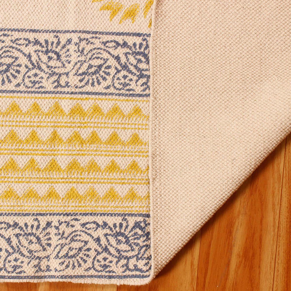 Rectangle Geometric Hand Block Print Work Blue Yellow Dining Hall Cotton Rug - Indian Rug Store