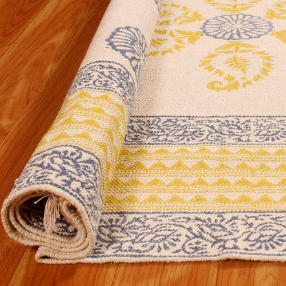 Rectangle Geometric Hand Block Print Work Blue Yellow Dining Hall Cotton Rug - Indian Rug Store