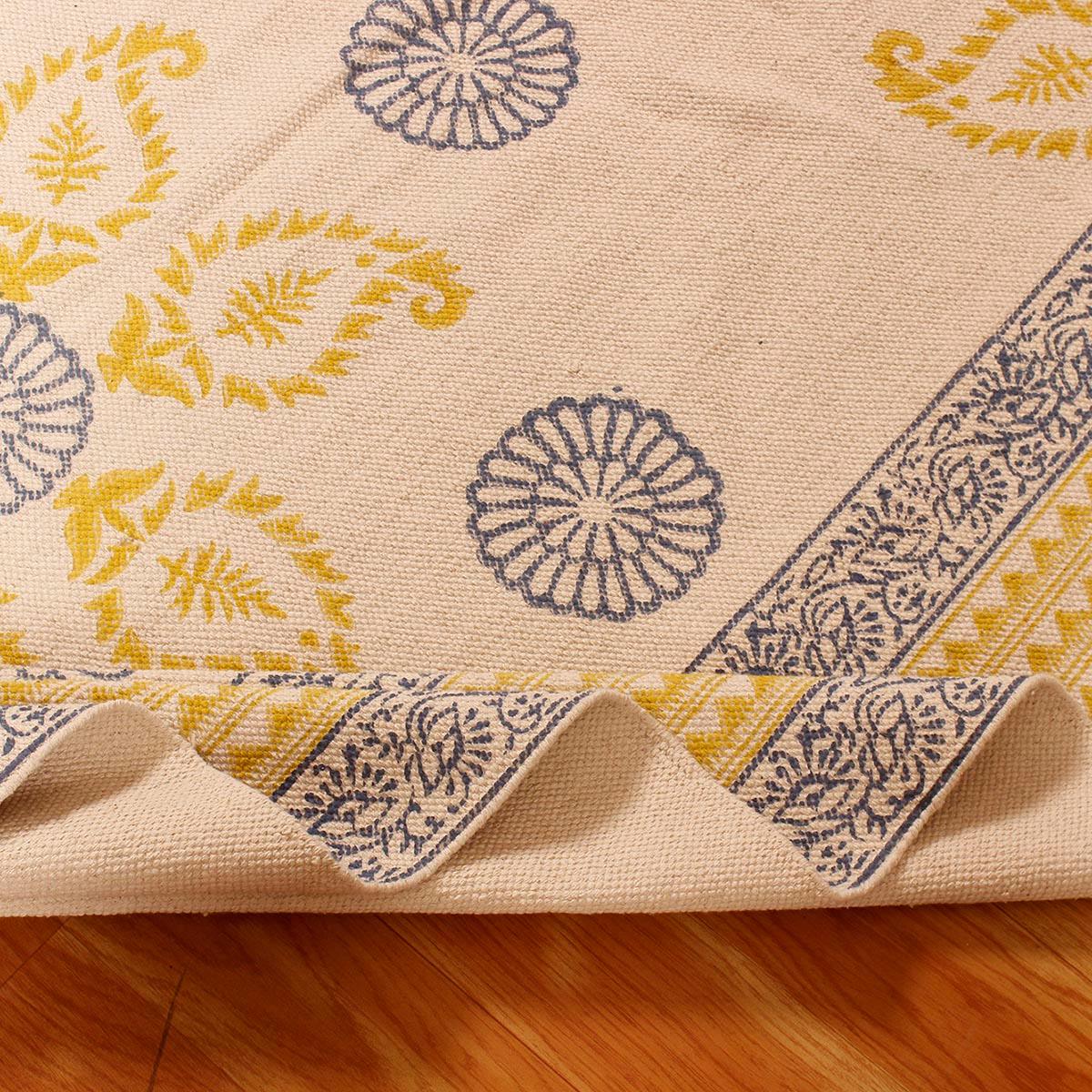 Rectangle Geometric Hand Block Print Work Blue Yellow Dining Hall Cotton Rug - Indian Rug Store