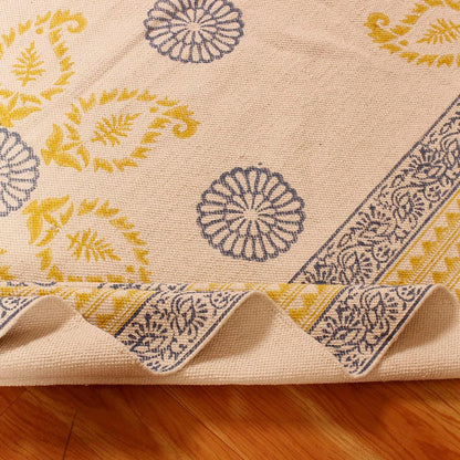 Geometric Hand Block Print Work Blue Yellow Dining Hall Cotton Rug - Indian Rug Store