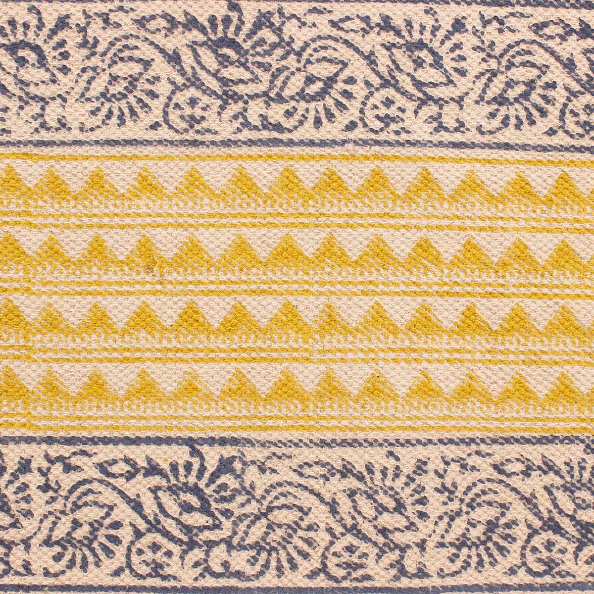 Rectangle Geometric Hand Block Print Work Blue Yellow Dining Hall Cotton Rug - Indian Rug Store