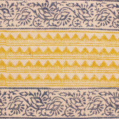 Rectangle Geometric Hand Block Print Work Blue Yellow Dining Hall Cotton Rug - Indian Rug Store